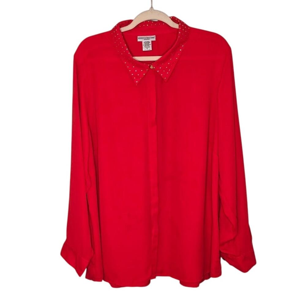 Rebecca Malone‎ Button Down Blouse Womens 1X Red Studded Collar Hidden Placket
